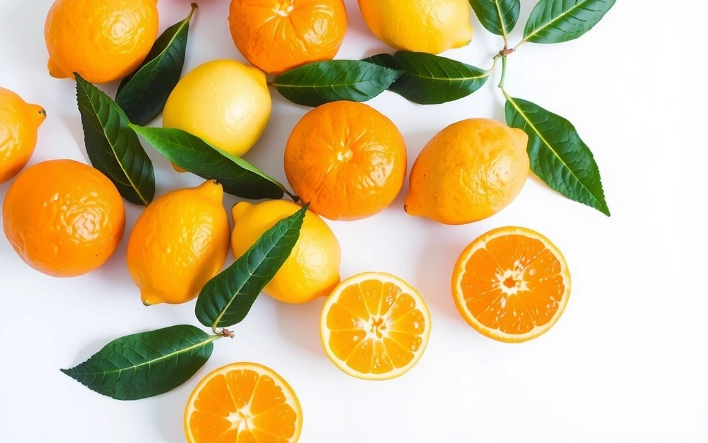 Lămâi și portocale proaspete, pline de vitamina C, pe un fundal luminos