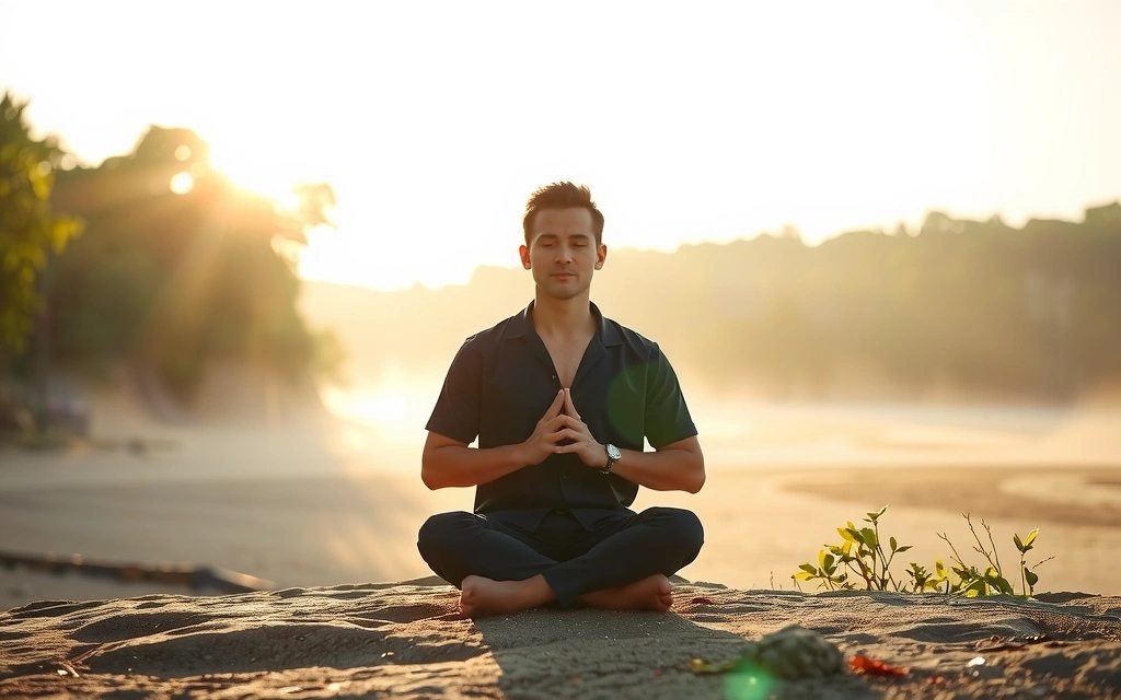 O persoană meditând într-un peisaj liniștit, simbolizând bunăstarea mentală