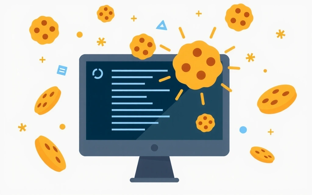 Ilustrație cu simboluri de cookie-uri și date digitale care plutesc în jurul unui ecran de computer