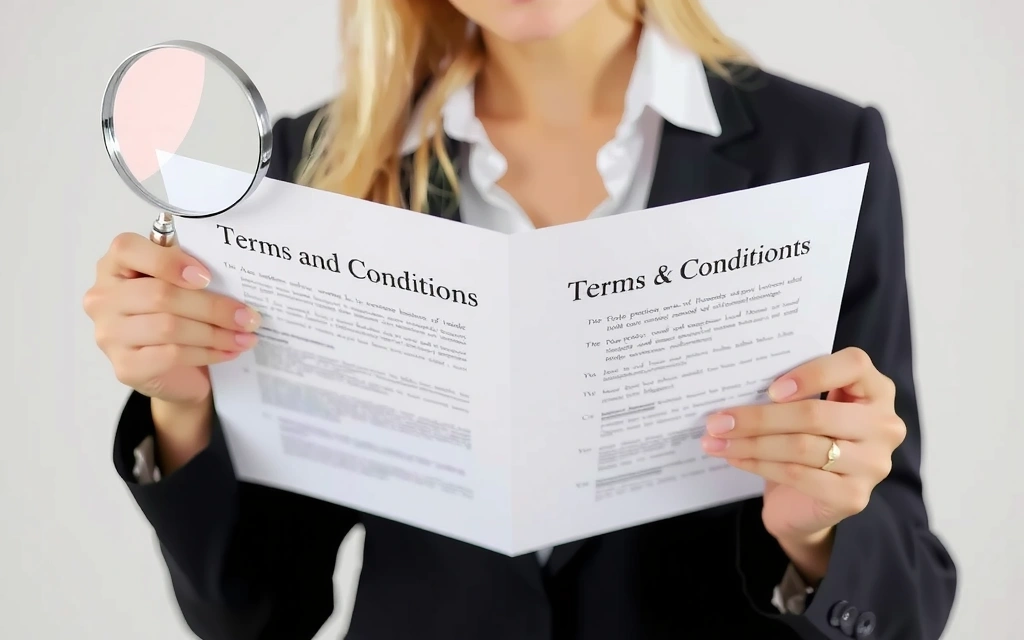 Femeie citind un document legal, cu o lupă, simbolizând atenția la detalii în termeni și condiții.