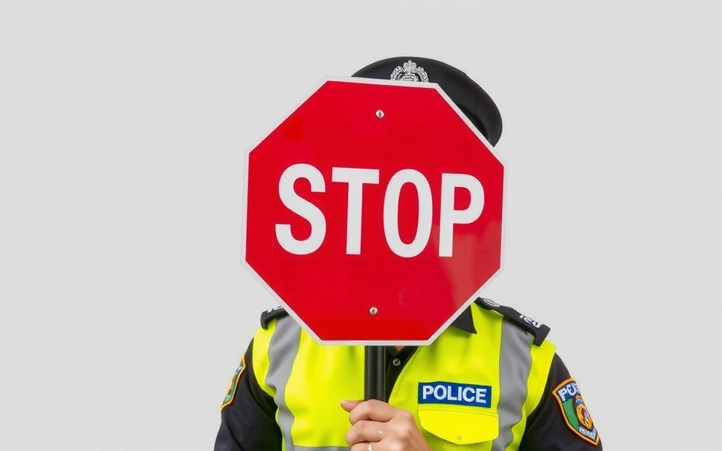 Polițist cu semn de stop, simbolizând încetarea accesului sau a serviciului.